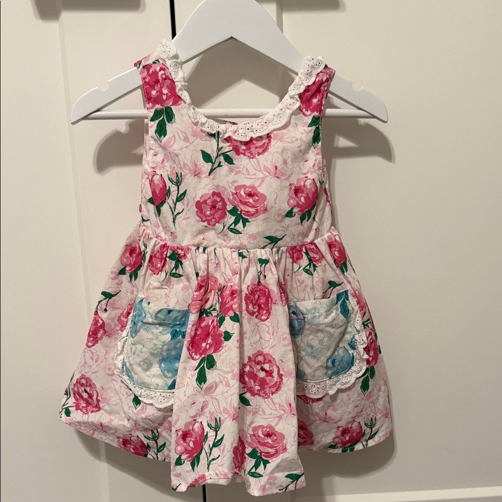 SweetHoney Pink Floral Dress with Blue Pocket Accents and Shorts 18 months